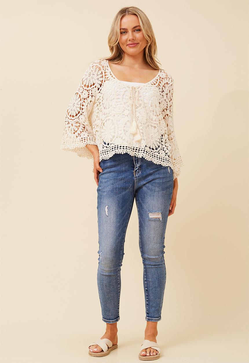 MANDI - 3/4 Sleeve Loose Crochet V-Neck With Tie Cardi - Cream