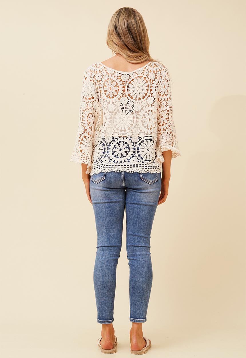 MANDI - 3/4 Sleeve Loose Crochet V-Neck With Tie Cardi - Cream