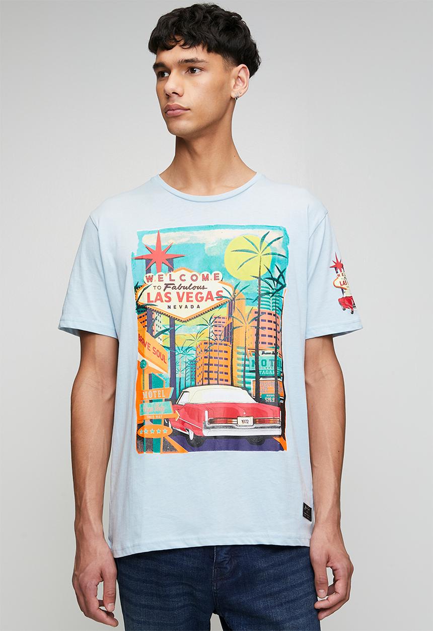 Brave Soul - Crew Neck Short Sleeve T-Shirt - Baby Blue/Multi-Colour Print