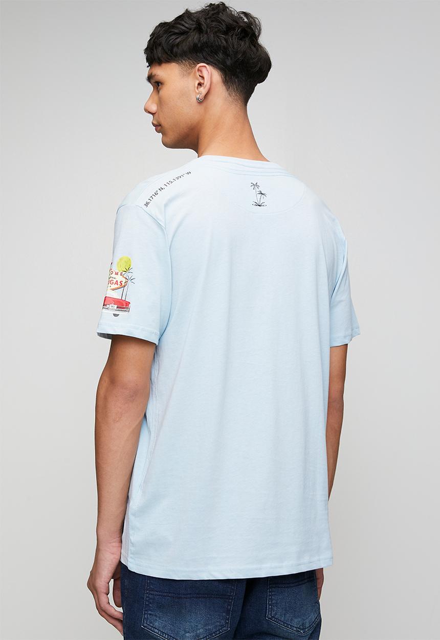 Brave Soul - Crew Neck Short Sleeve T-Shirt - Baby Blue/Multi-Colour Print