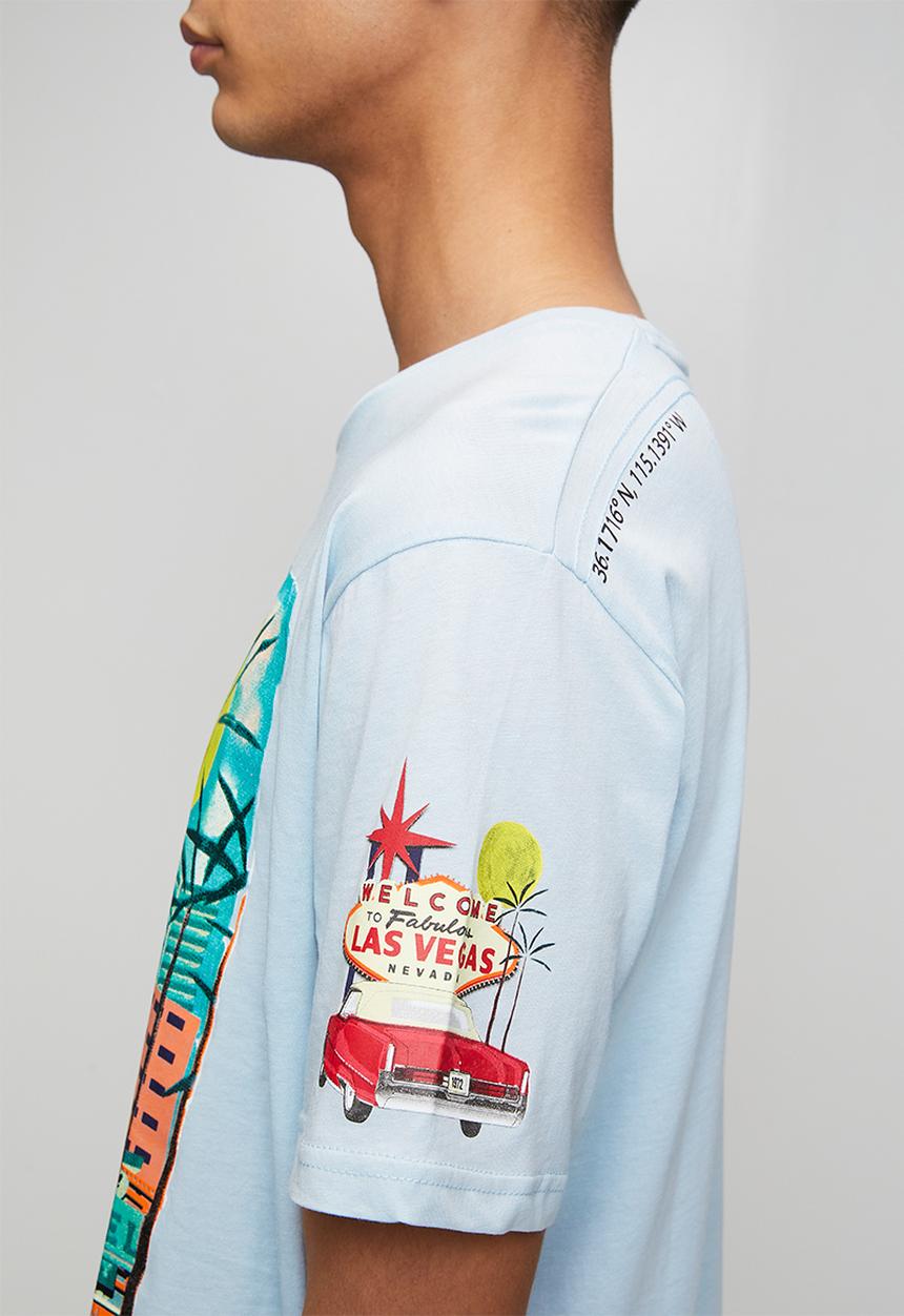 Brave Soul - Crew Neck Short Sleeve T-Shirt - Baby Blue/Multi-Colour Print