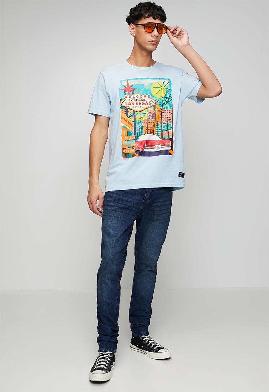 Brave Soul - Crew Neck Short Sleeve T-Shirt - Baby Blue/Multi-Colour Print
