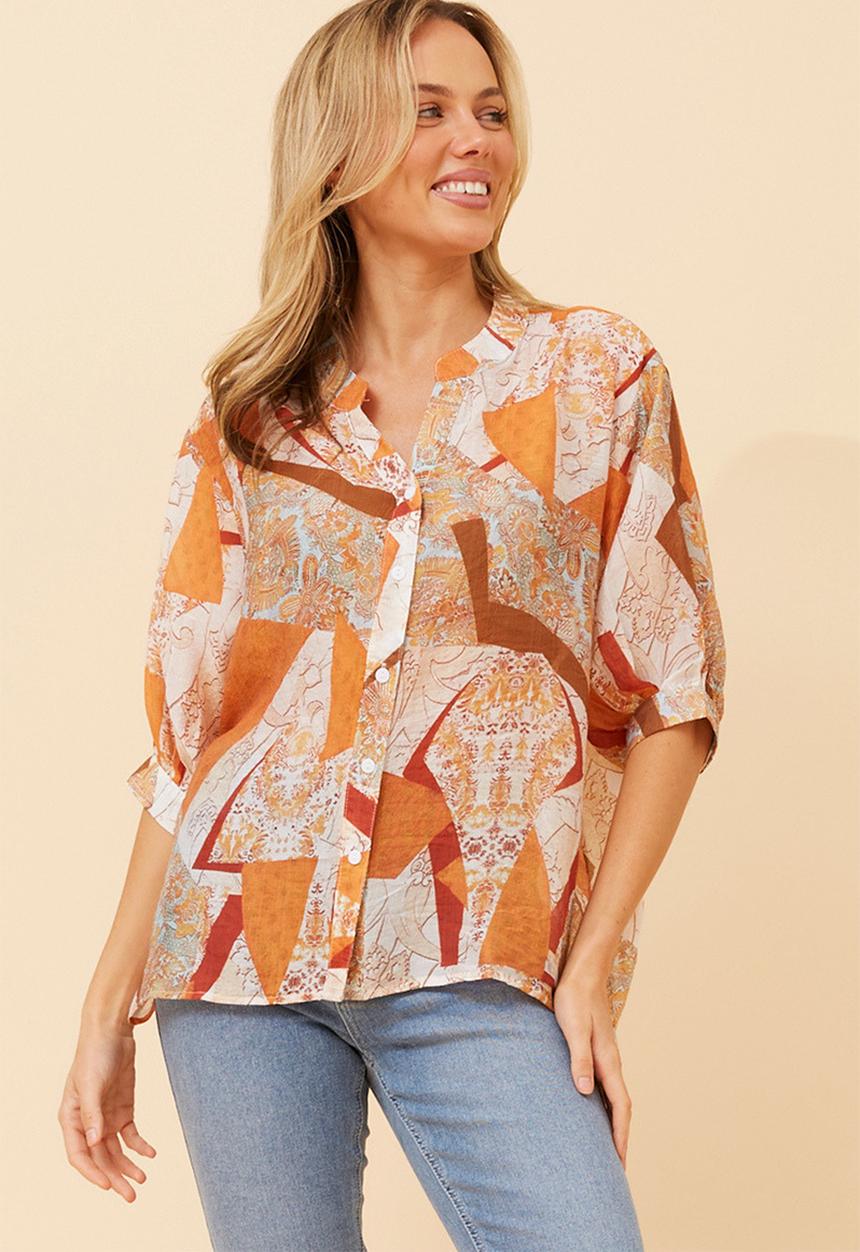 Izabel London - Half Sleeve Batwing Easy Wearing Printed Sheer Blouse With Back Button Stand Detail - Orange