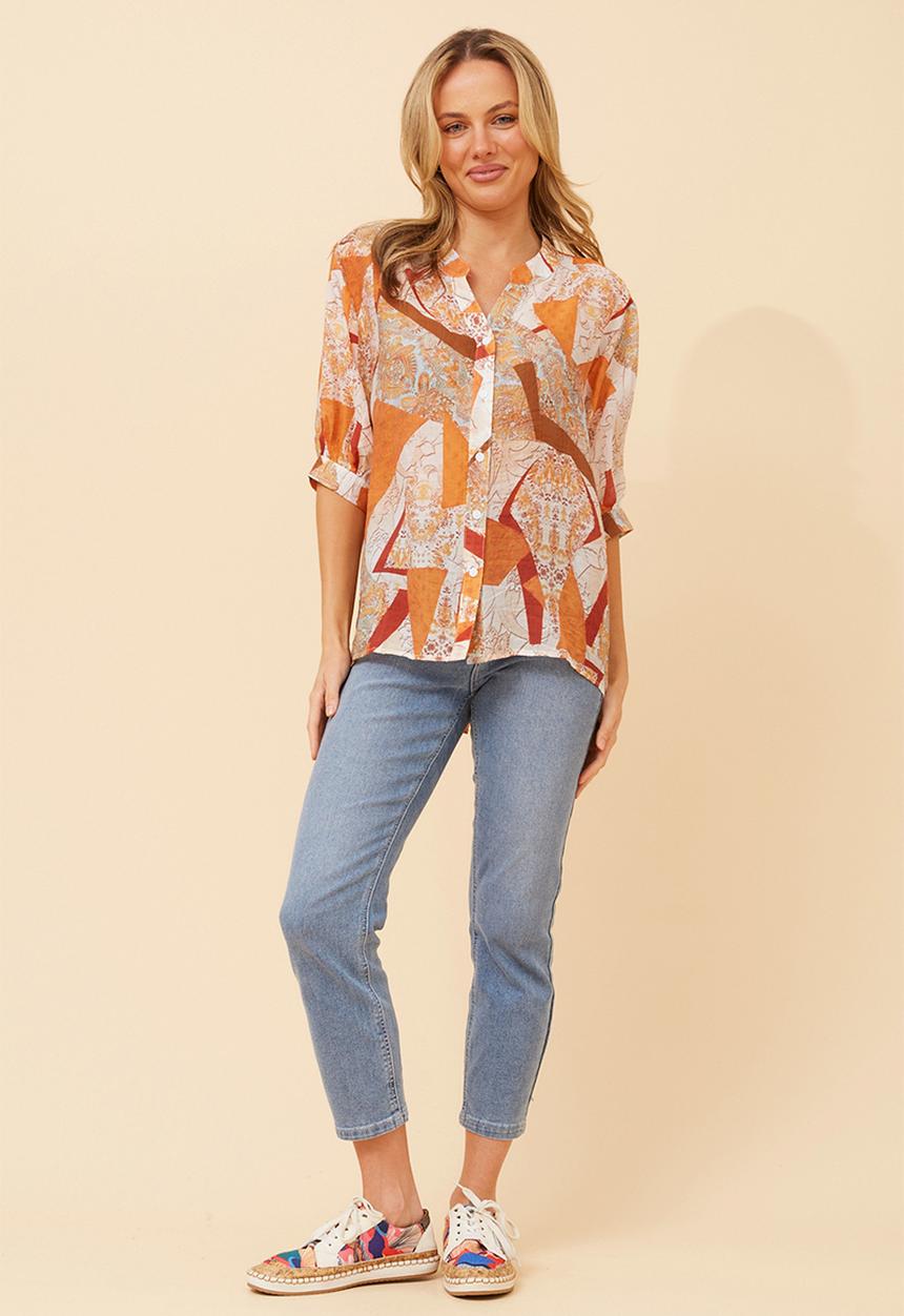 Izabel London - Half Sleeve Batwing Easy Wearing Printed Sheer Blouse With Back Button Stand Detail - Orange