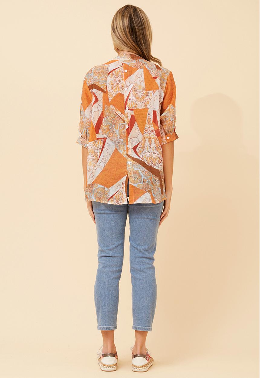 Izabel London - Half Sleeve Batwing Easy Wearing Printed Sheer Blouse With Back Button Stand Detail - Orange