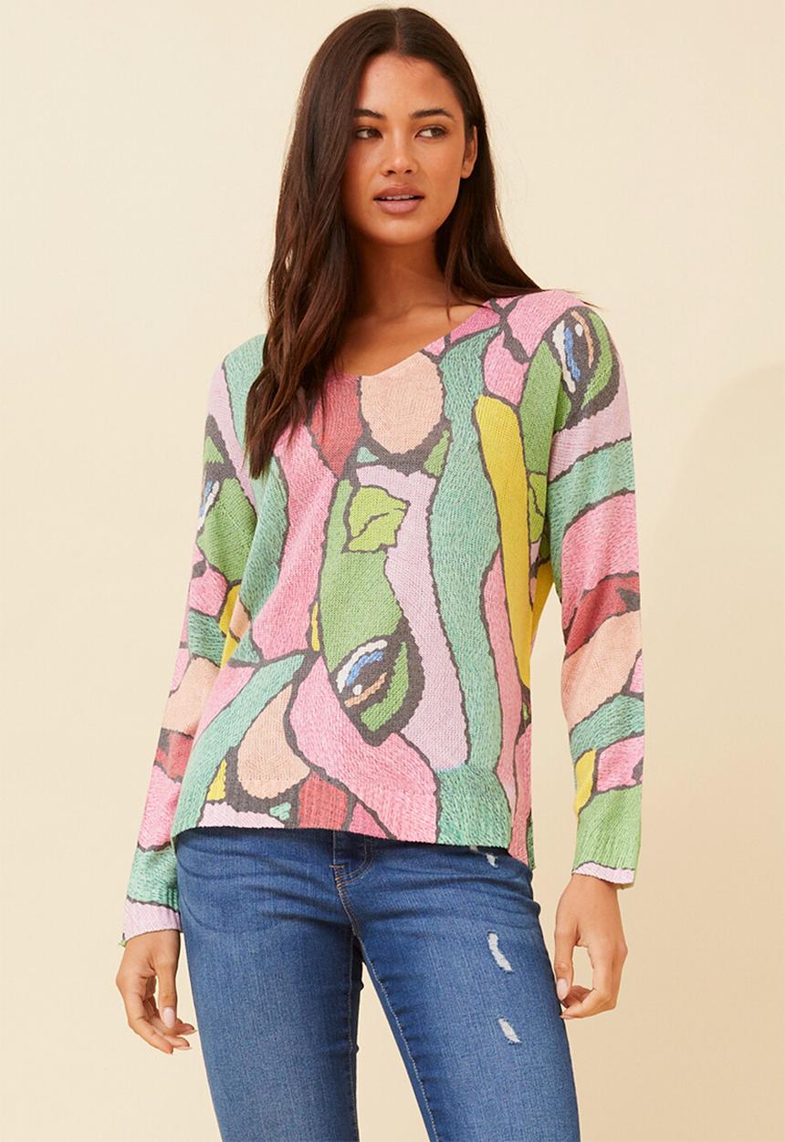 MANDI - Made In Italy Viscose Blend L/S -Neck Knitwear Top - Pink Multi