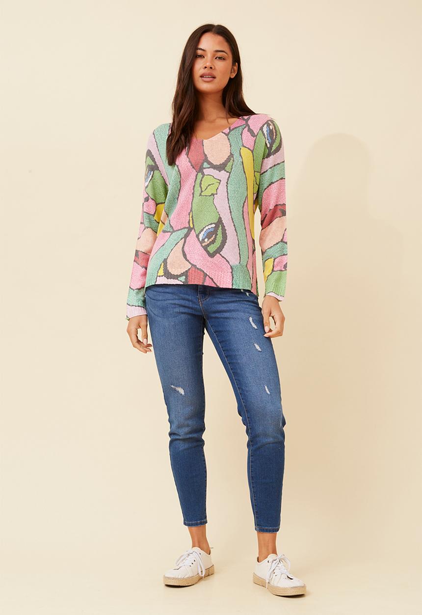 MANDI - Made In Italy Viscose Blend L/S -Neck Knitwear Top - Pink Multi