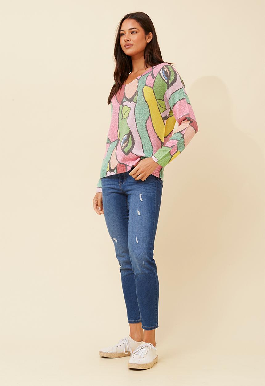 MANDI - Made In Italy Viscose Blend L/S -Neck Knitwear Top - Pink Multi