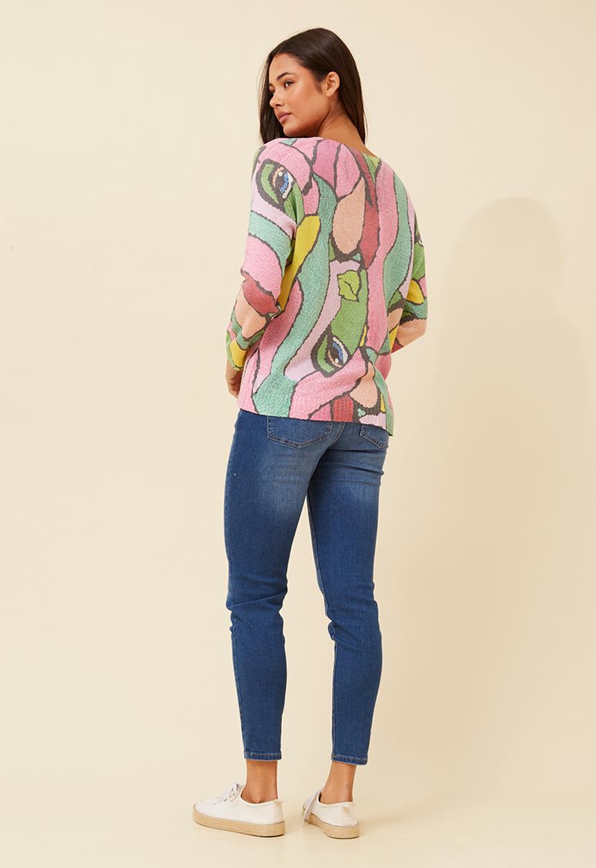 MANDI - Made In Italy Viscose Blend L/S -Neck Knitwear Top - Pink Multi