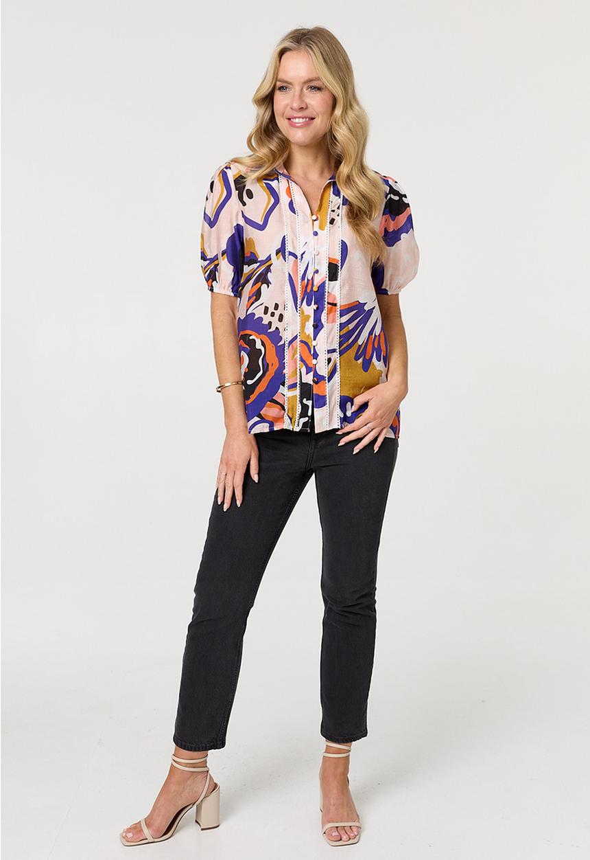 MANDI - S/S Covered Button Through Printed Blouse With Lace Trim On Chest - Multi Pink