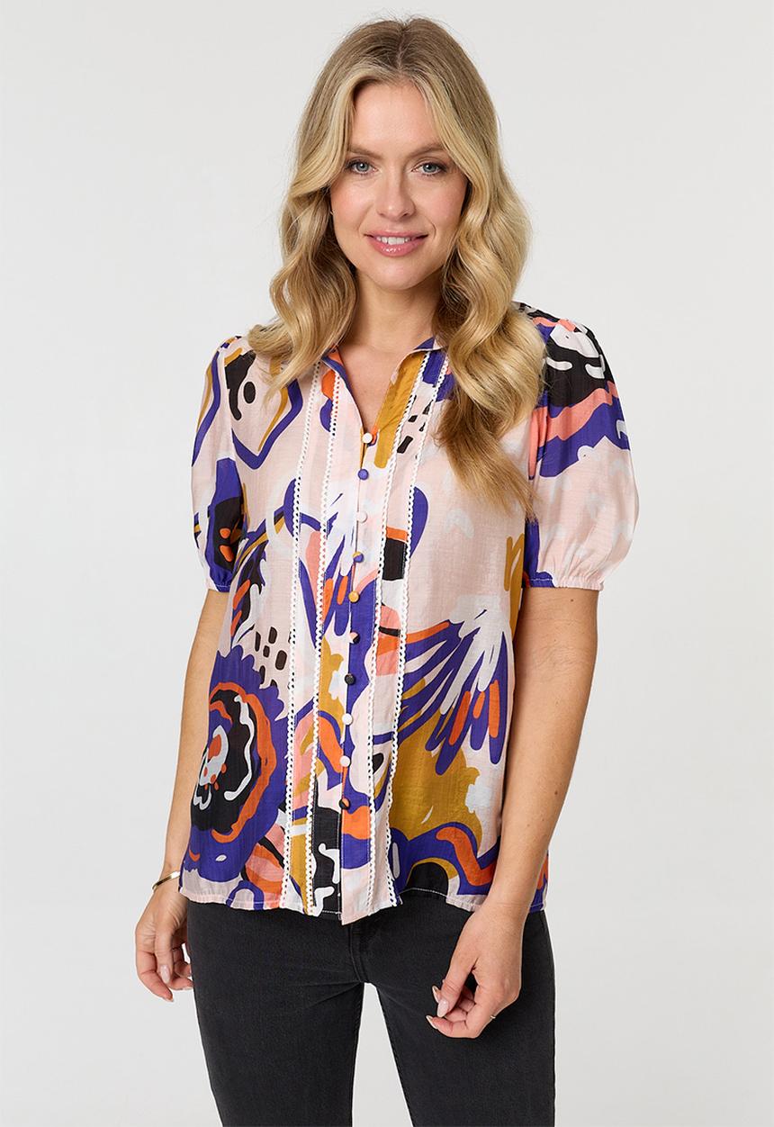 MANDI - S/S Covered Button Through Printed Blouse With Lace Trim On Chest - Multi Pink