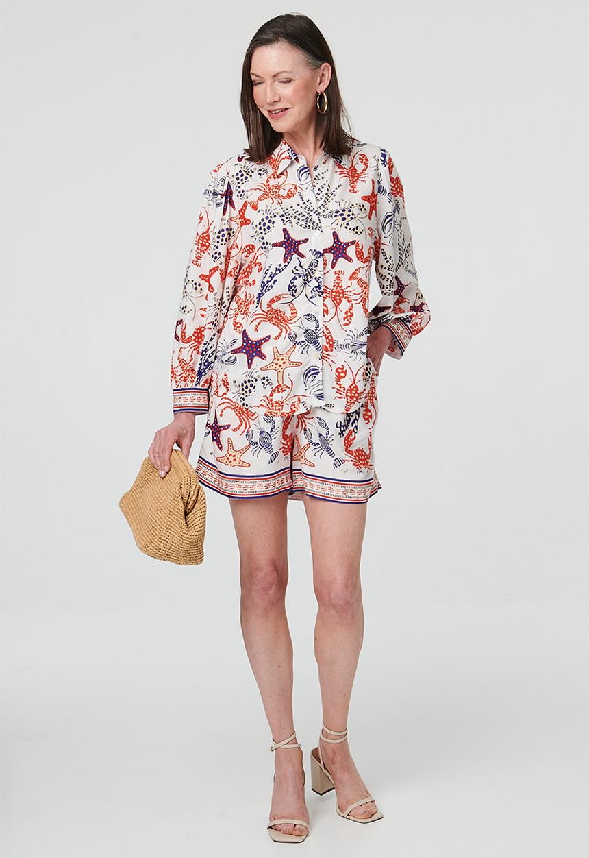 MANDI - 3/4 Sleeve Button Through Border Print Starfish Blouse - Multi