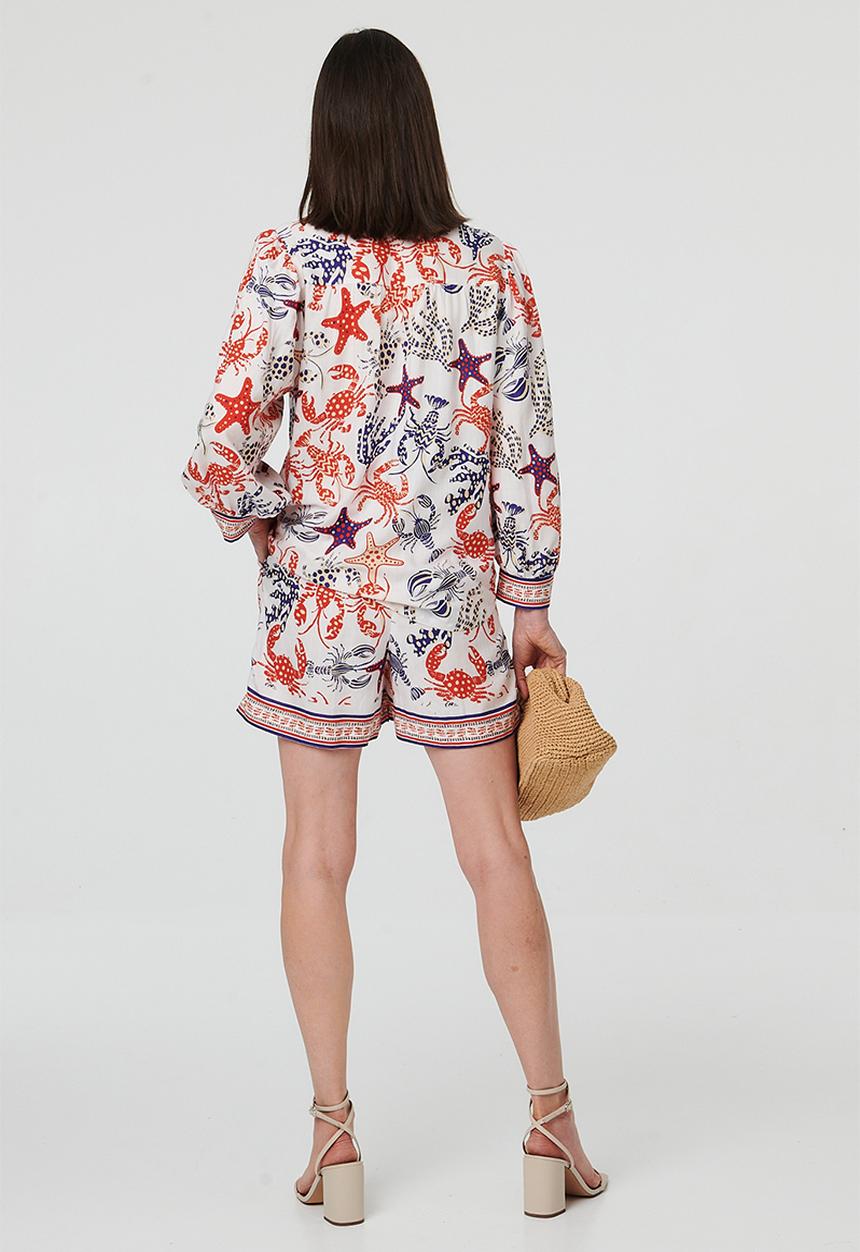 MANDI - 3/4 Sleeve Button Through Border Print Starfish Blouse - Multi