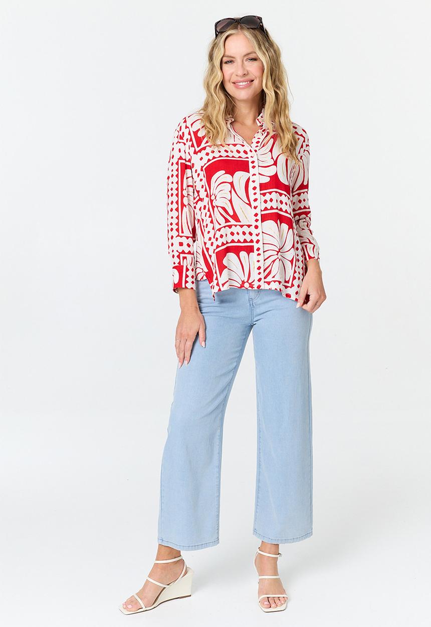 MANDI - L/S Button Through Printed Blouse - Multi Red