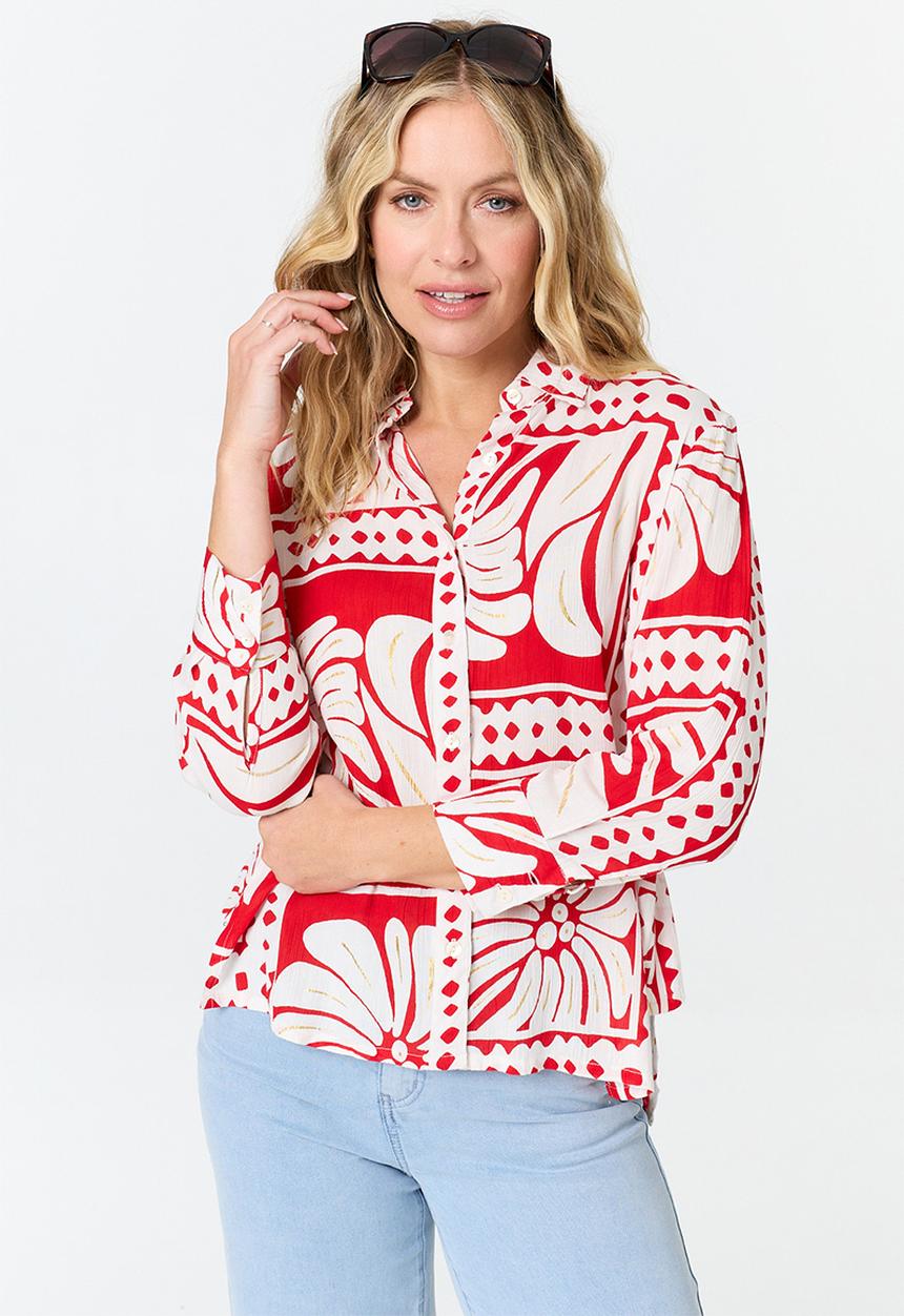 MANDI - L/S Button Through Printed Blouse - Multi Red