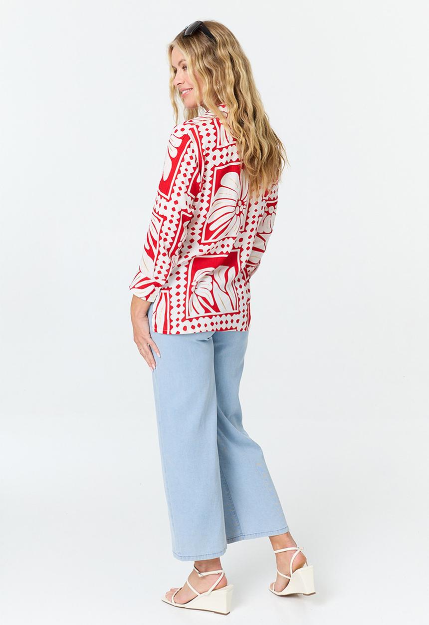 MANDI - L/S Button Through Printed Blouse - Multi Red