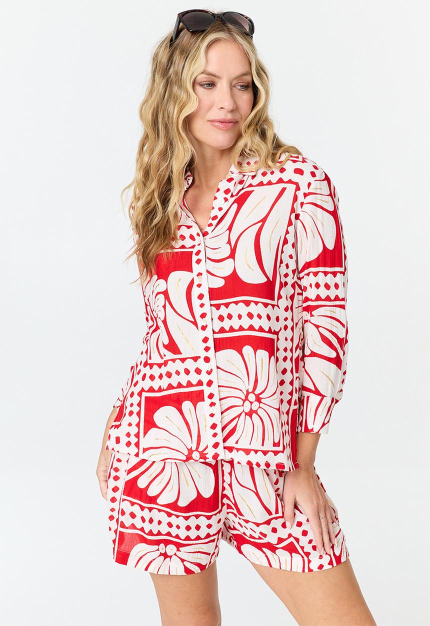 MANDI - High Waisted Short Border Print Detail - Multi Red