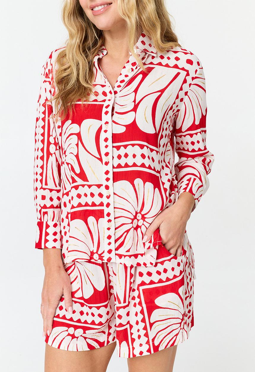MANDI - High Waisted Short Border Print Detail - Multi Red