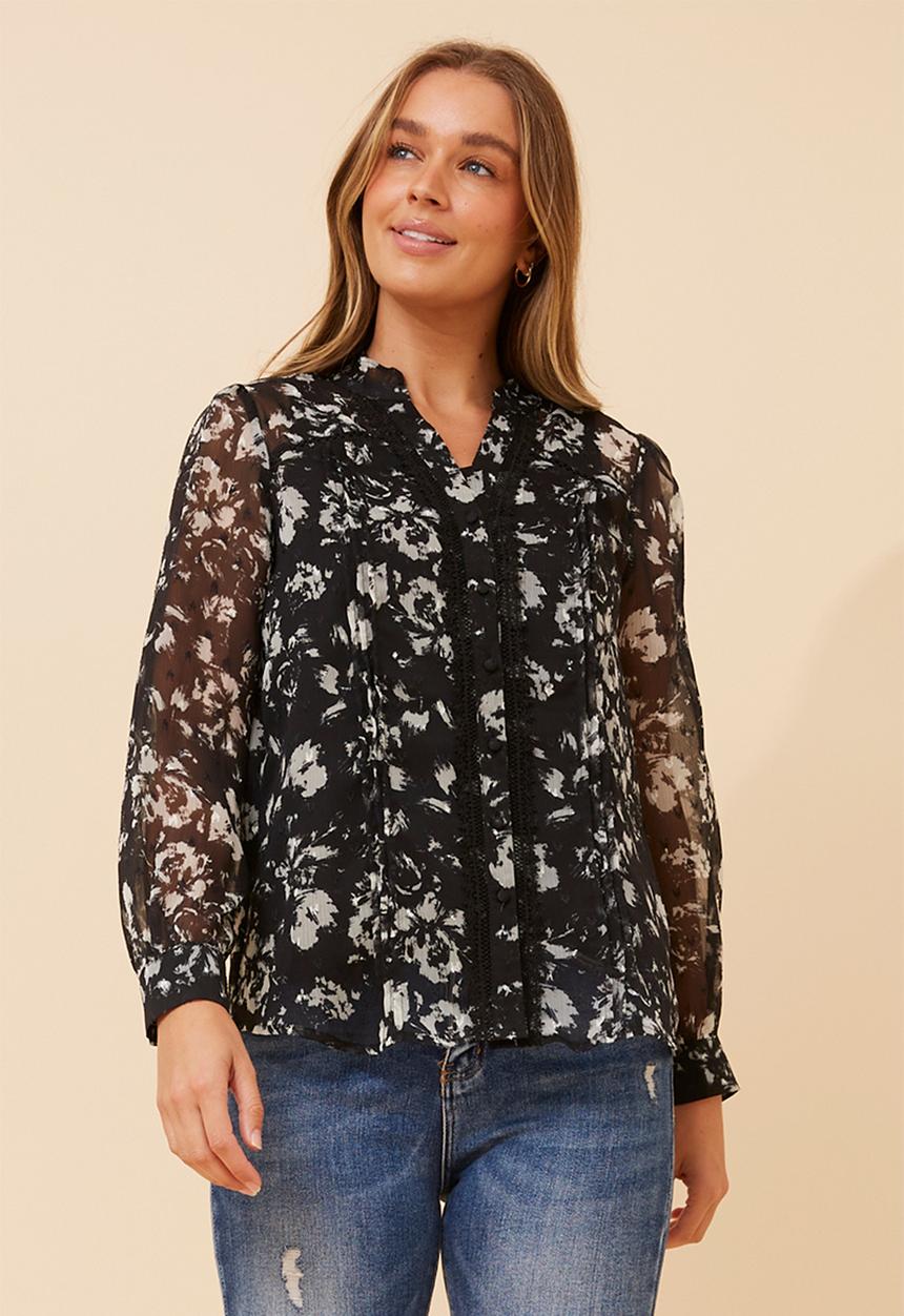 MANDI - L/S Printed Sheer V-Neck Button Through Blouse - Black