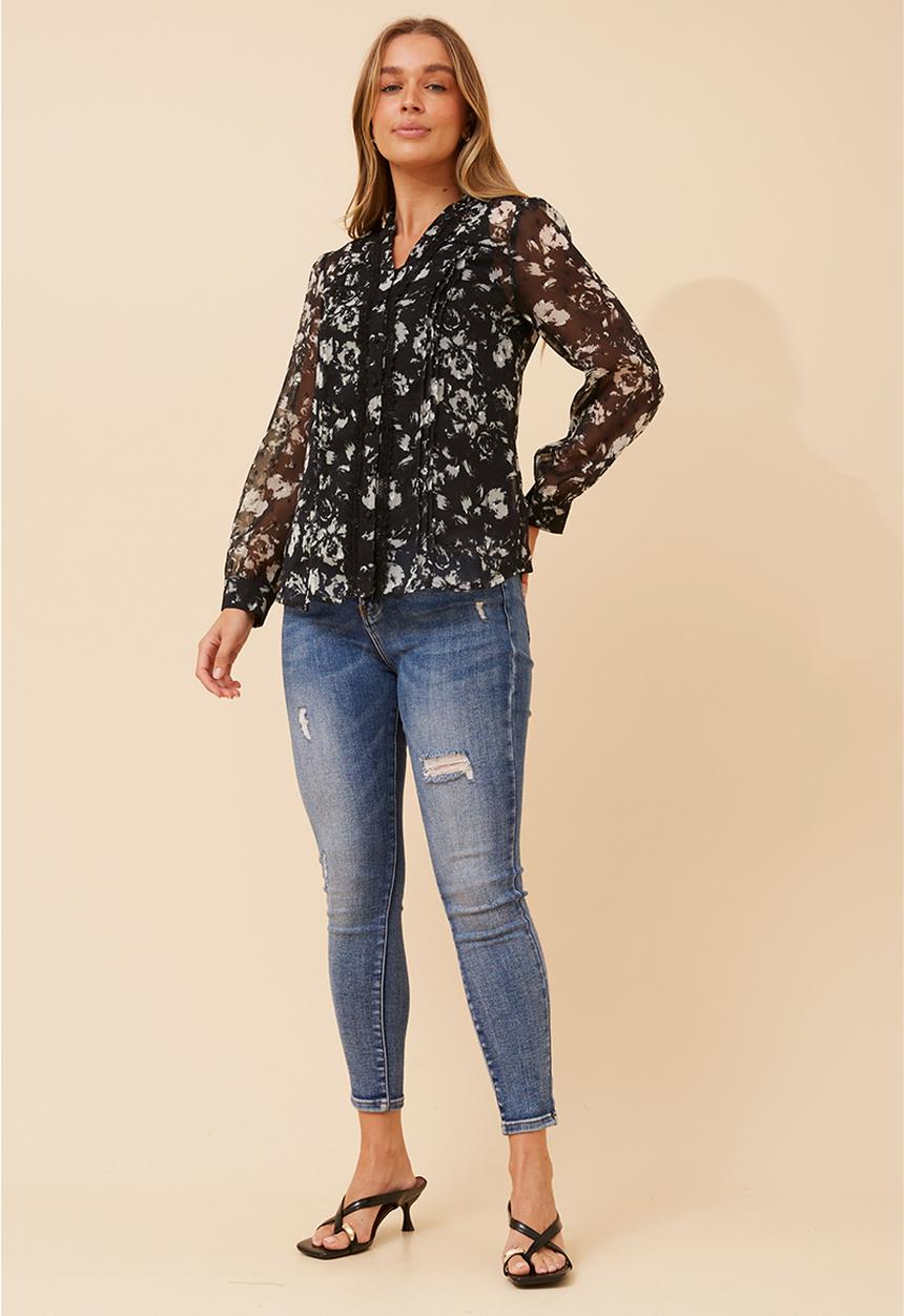 MANDI - L/S Printed Sheer V-Neck Button Through Blouse - Black