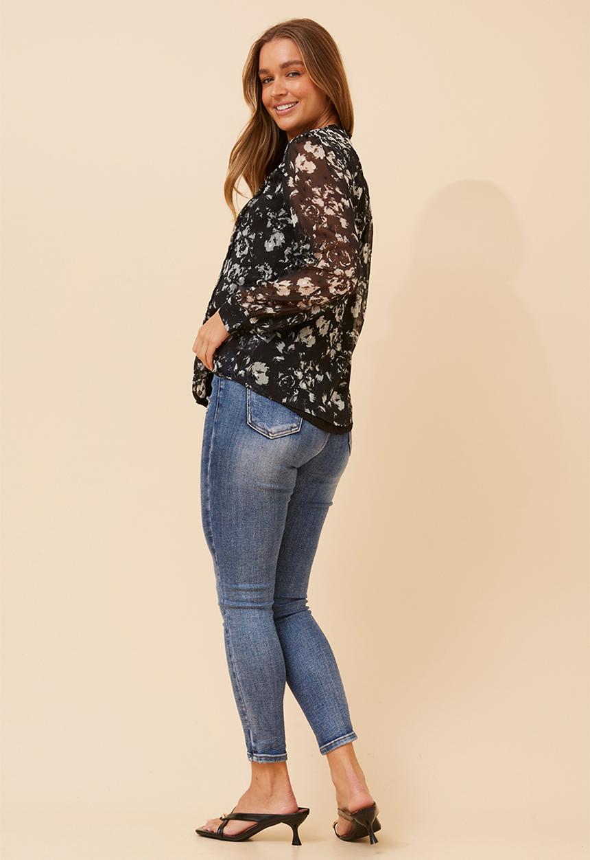 MANDI - L/S Printed Sheer V-Neck Button Through Blouse - Black