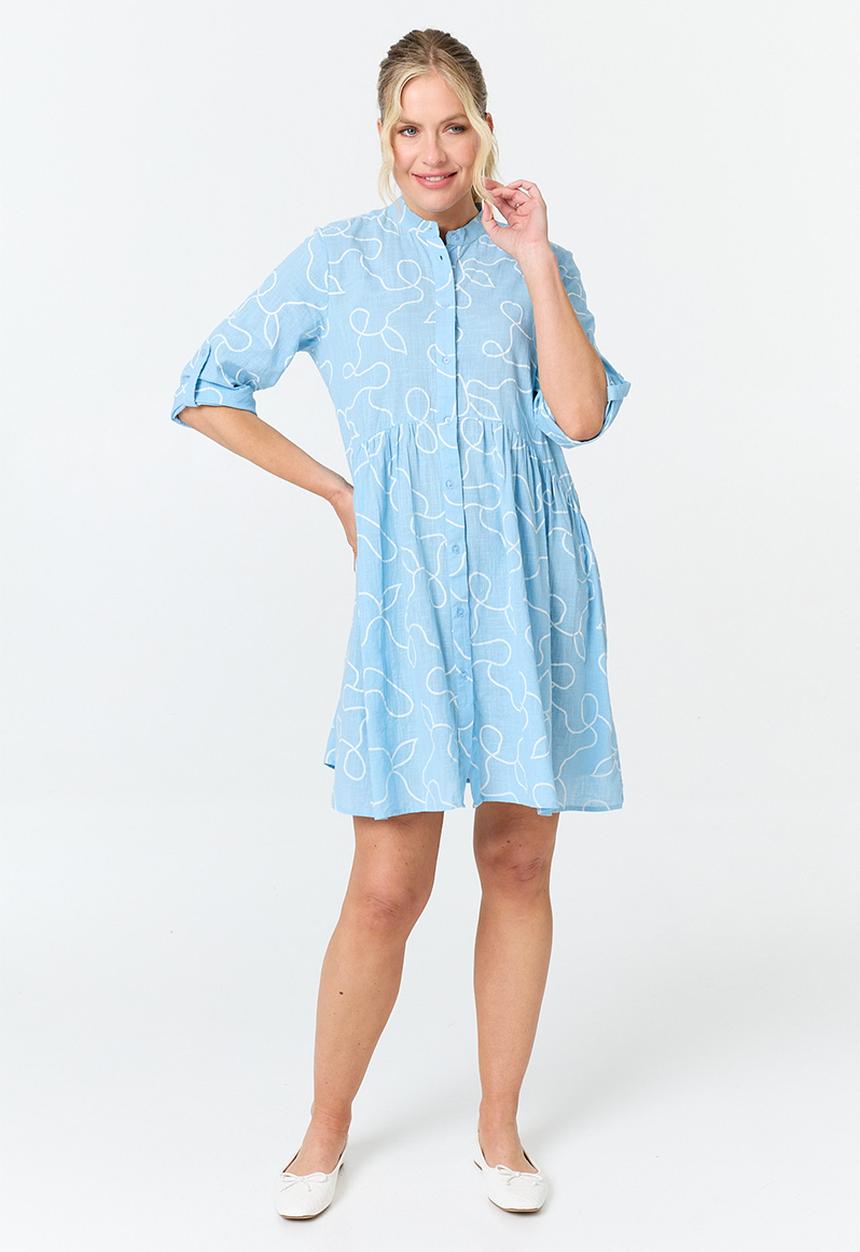 Stella Morgan - 3/3 Sleeve Mandarin Collar Tiered Midi Dress - Blue