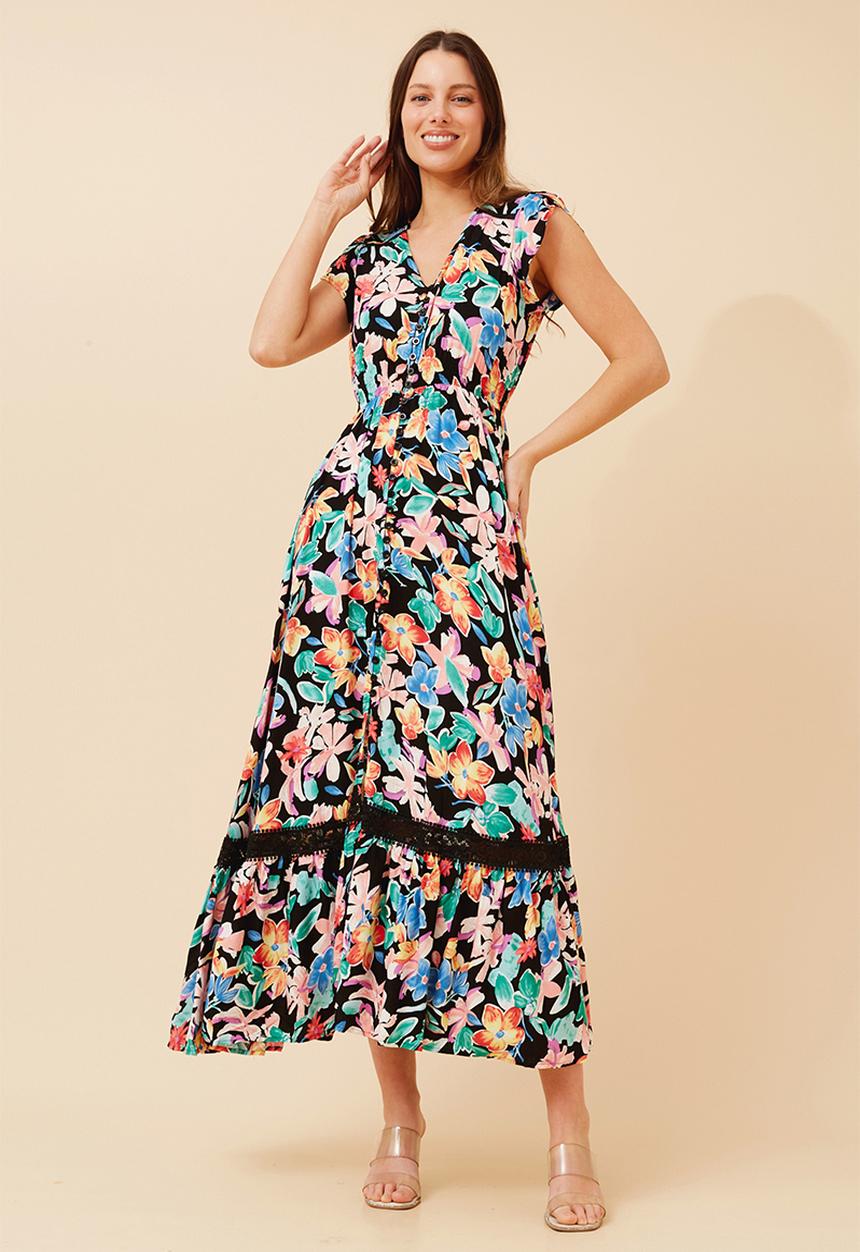 Stella Morgan - Cap Sleeve With Flutter V-Neck Button Through Maxi Dress With Border Print Detail - Multi Black