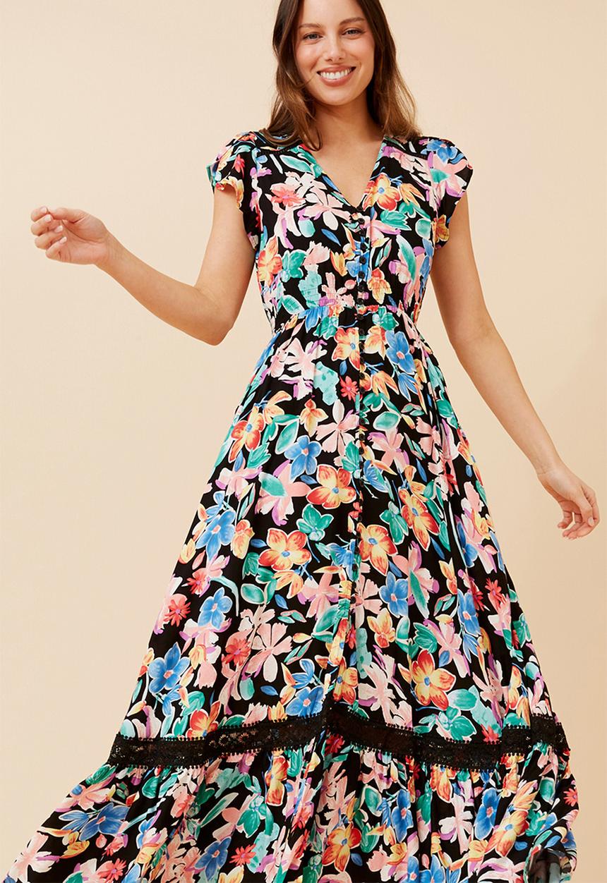 Stella Morgan - Cap Sleeve With Flutter V-Neck Button Through Maxi Dress With Border Print Detail - Multi Black