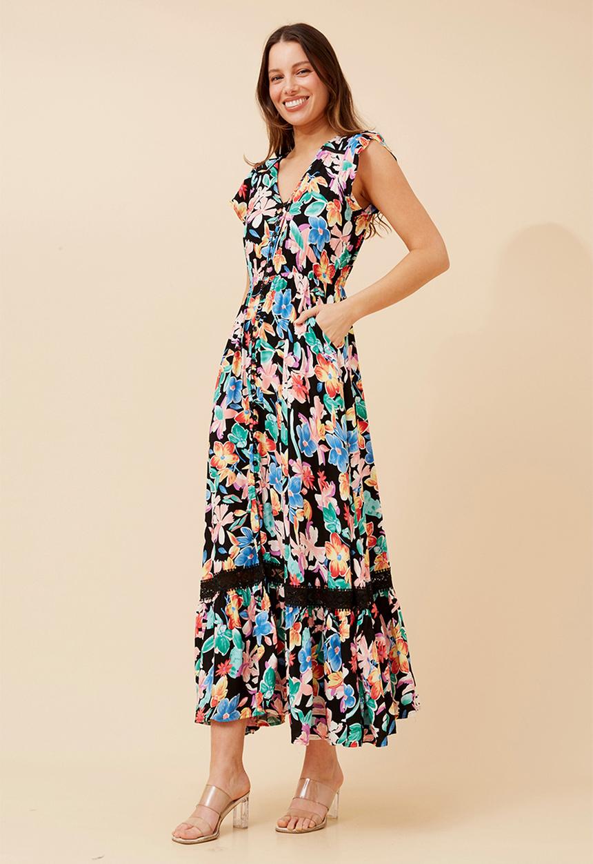 Stella Morgan - Cap Sleeve With Flutter V-Neck Button Through Maxi Dress With Border Print Detail - Multi Black