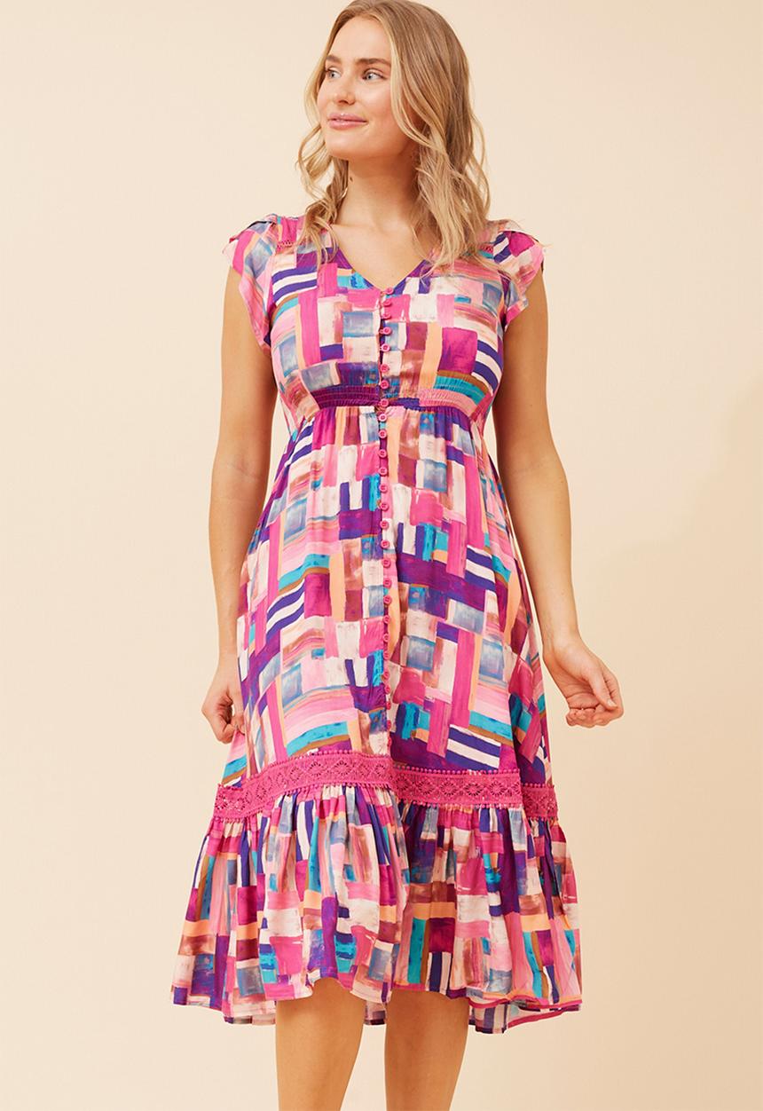 Stella Morgan - Cap Sleeve With Flutter V-Neck Button Through Midi Dress With Border Print Detail - Pink