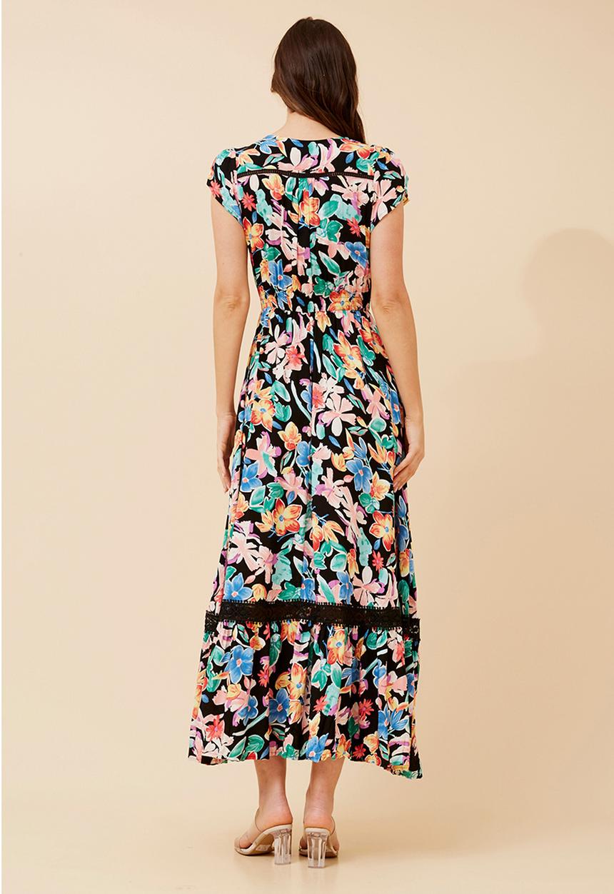 Stella Morgan - Cap Sleeve With Flutter V-Neck Button Through Maxi Dress With Border Print Detail - Multi Black