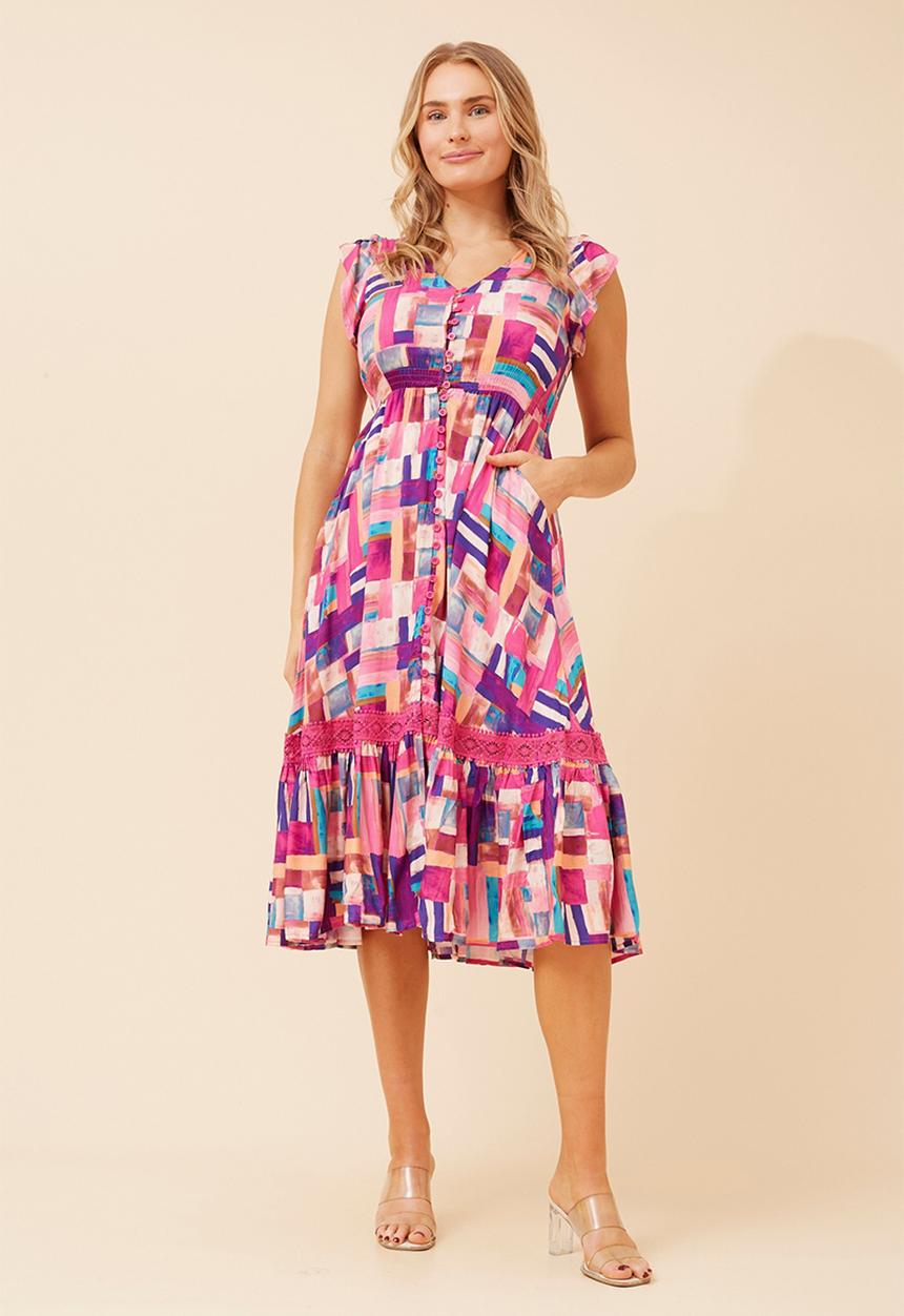 Stella Morgan - Cap Sleeve With Flutter V-Neck Button Through Midi Dress With Border Print Detail - Pink