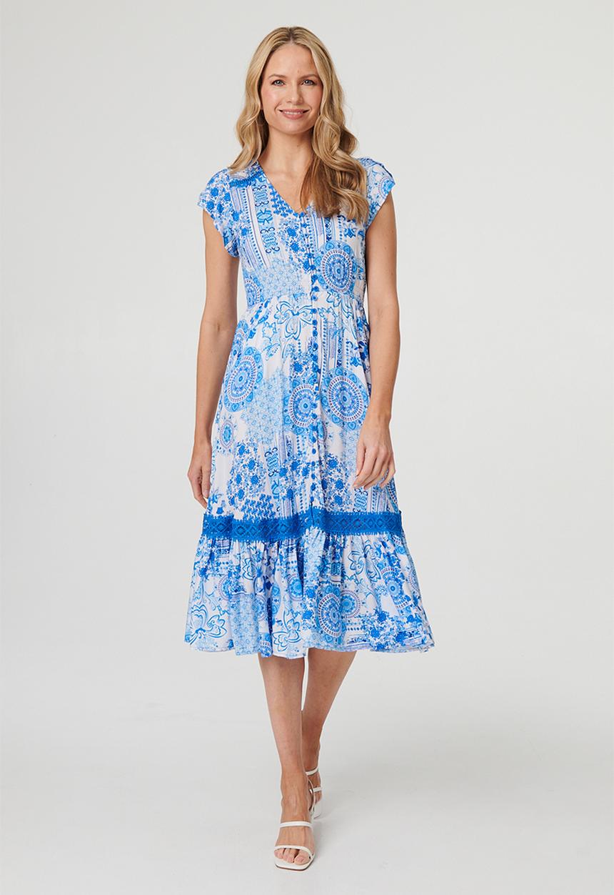 Stella Morgan - Cap Sleeve With Flutter V-Neck Button Through Midi Dress With Border Print Detail - Blue