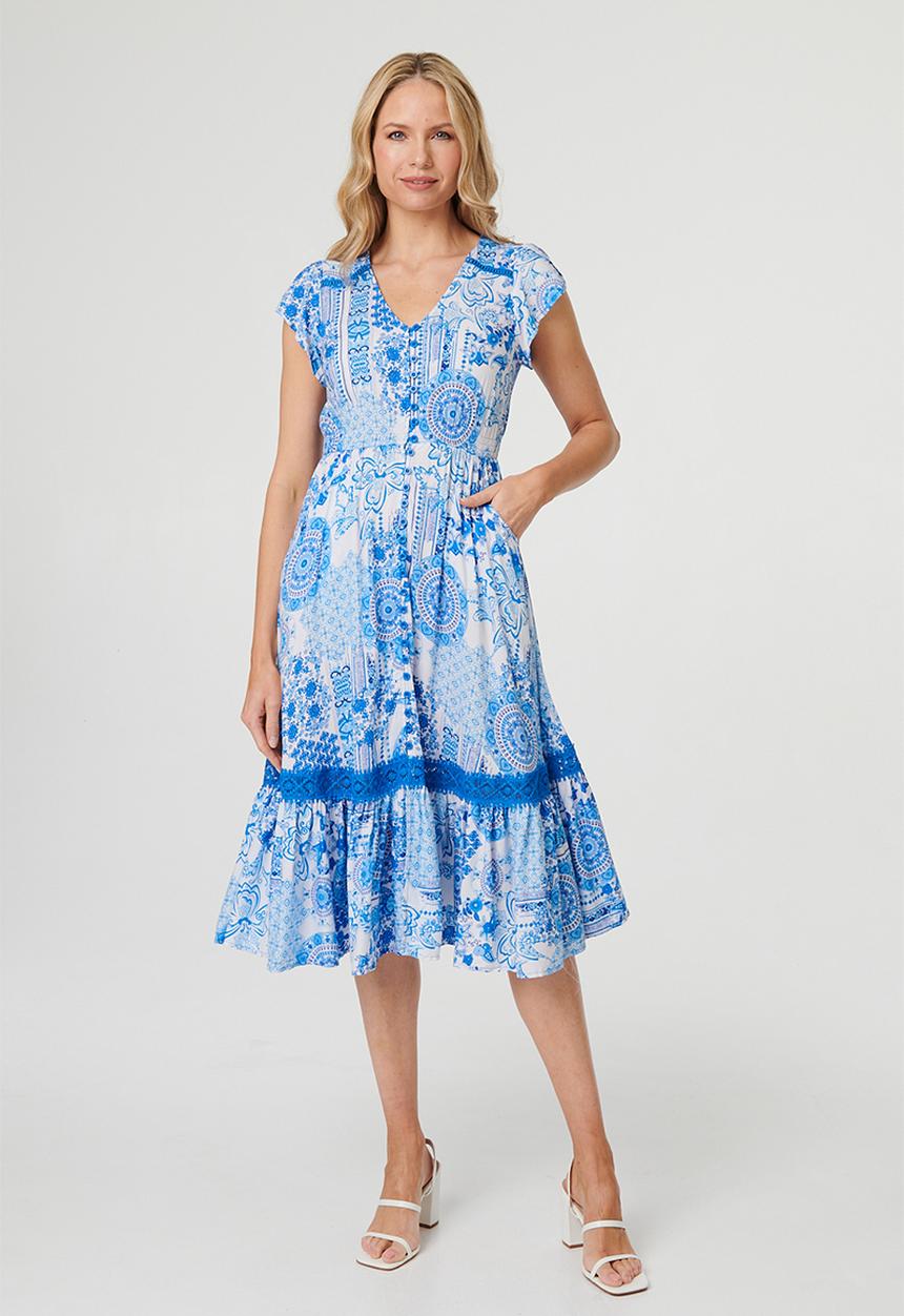 Stella Morgan - Cap Sleeve With Flutter V-Neck Button Through Midi Dress With Border Print Detail - Blue
