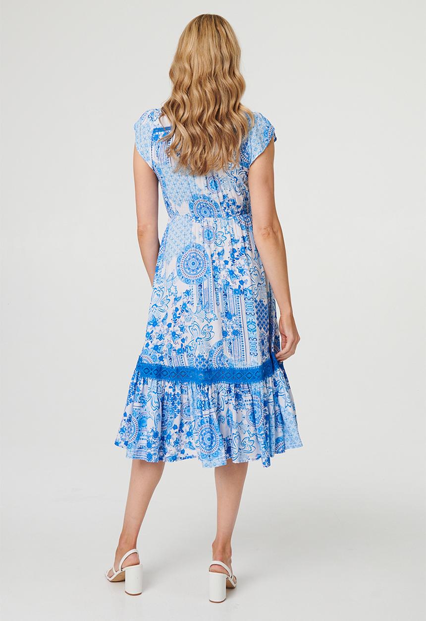 Stella Morgan - Cap Sleeve With Flutter V-Neck Button Through Midi Dress With Border Print Detail - Blue