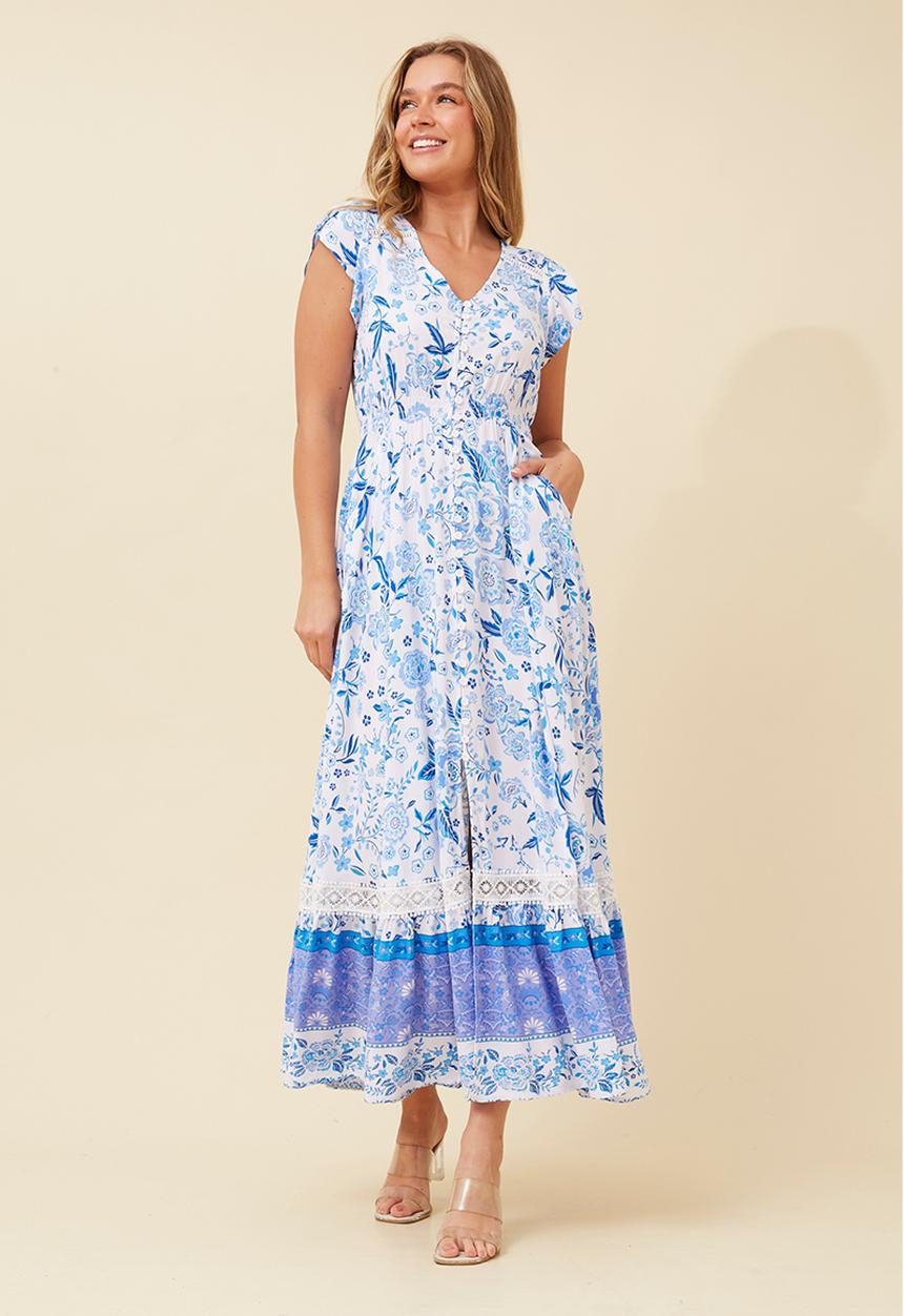 Stella Morgan - Cap Sleeve With Flutter V-Neck Button Through Maxi Dress With Border Print Detail - Multi Blue