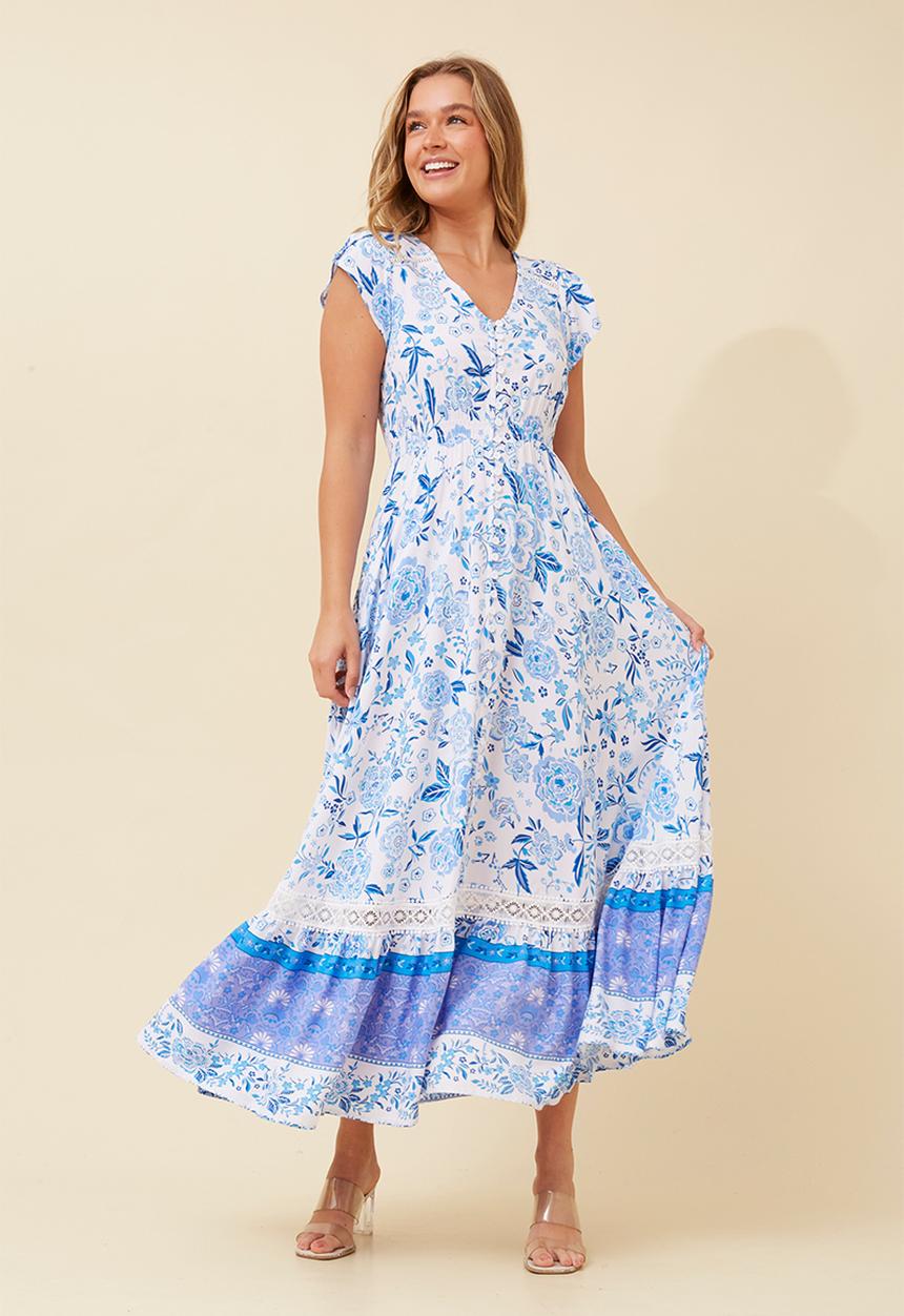 Stella Morgan - Cap Sleeve With Flutter V-Neck Button Through Maxi Dress With Border Print Detail - Multi Blue