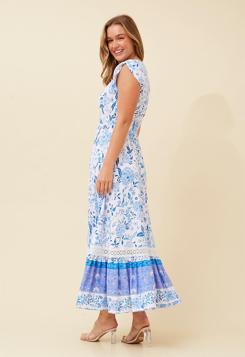 Stella Morgan - Cap Sleeve With Flutter V-Neck Button Through Maxi Dress With Border Print Detail - Multi Blue