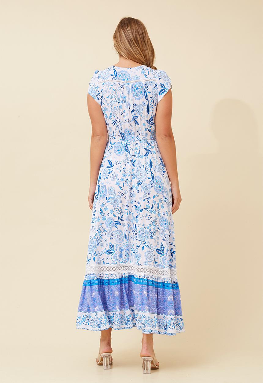 Stella Morgan - Cap Sleeve With Flutter V-Neck Button Through Maxi Dress With Border Print Detail - Multi Blue