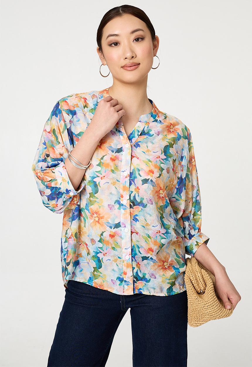 Stella Morgan - Half Sleeve Batwing Easy Wearing Printed Sheer Blouse With Back Button Stand Detail - Multi Blue