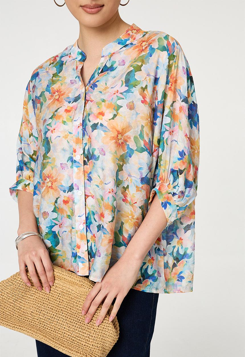 Stella Morgan - Half Sleeve Batwing Easy Wearing Printed Sheer Blouse With Back Button Stand Detail - Multi Blue