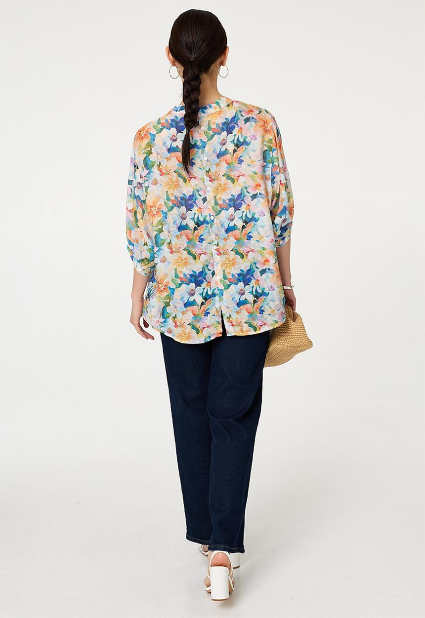 Stella Morgan - Half Sleeve Batwing Easy Wearing Printed Sheer Blouse With Back Button Stand Detail - Multi Blue