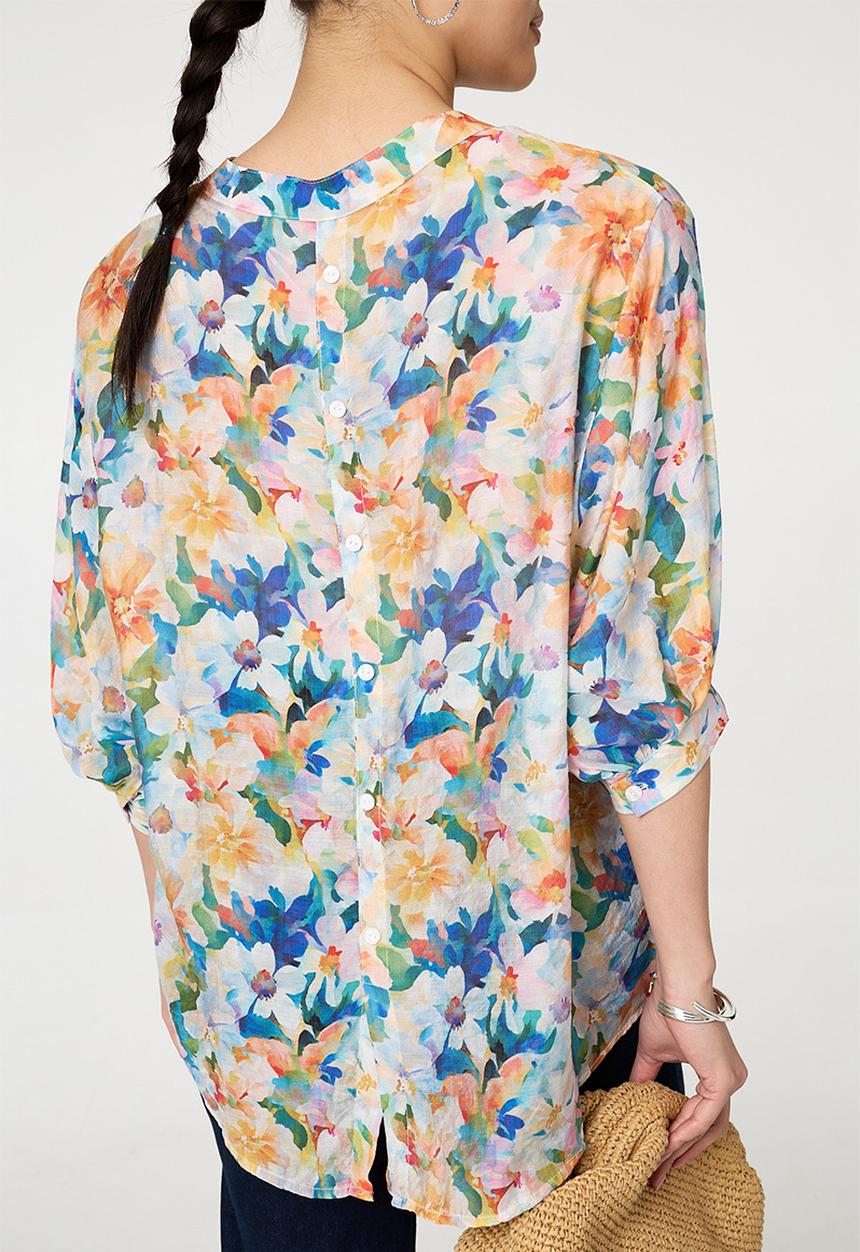 Stella Morgan - Half Sleeve Batwing Easy Wearing Printed Sheer Blouse With Back Button Stand Detail - Multi Blue