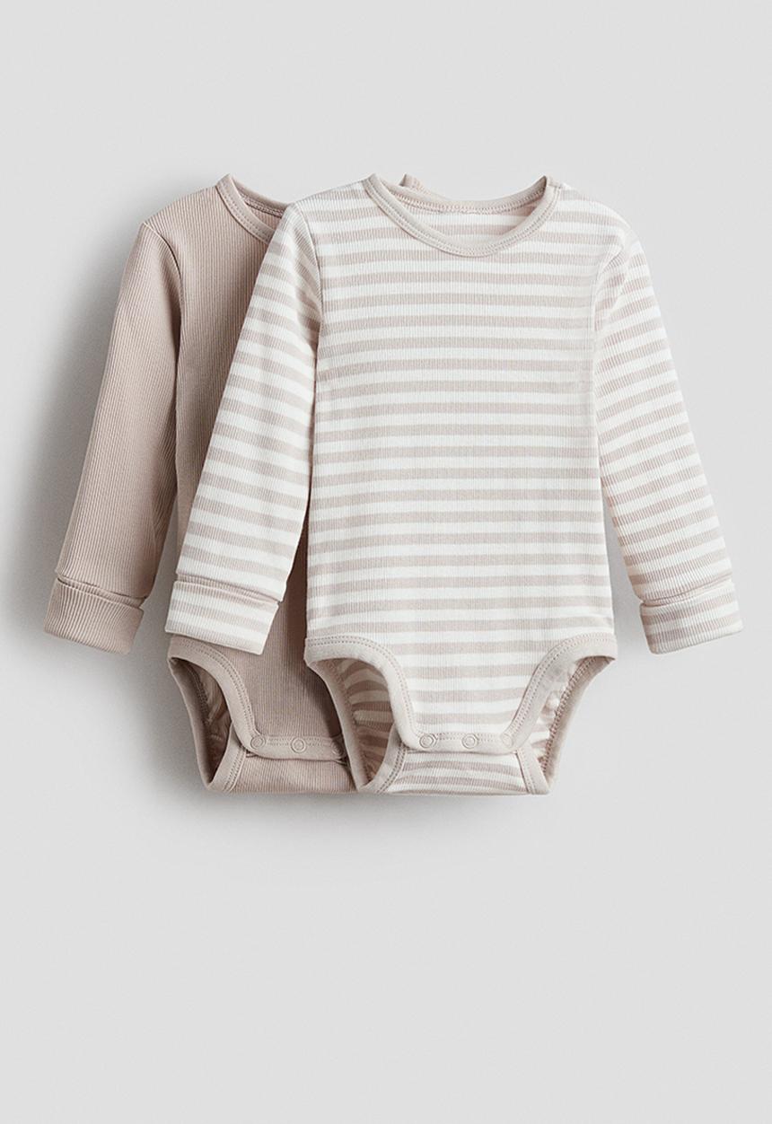 H&M - 2-pack adjustable-fit long-sleeved bodysuits - light beige/striped