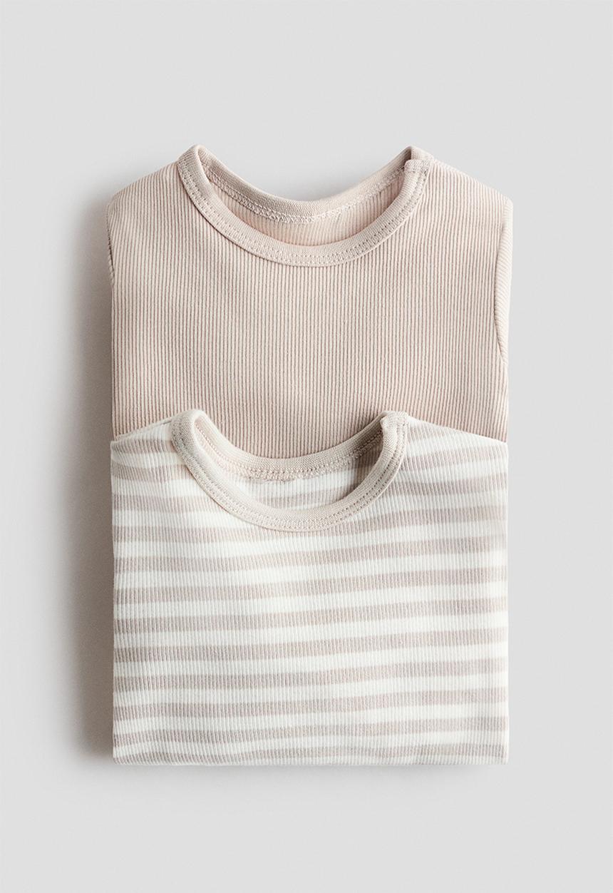 H&M - 2-pack adjustable-fit long-sleeved bodysuits - light beige/striped
