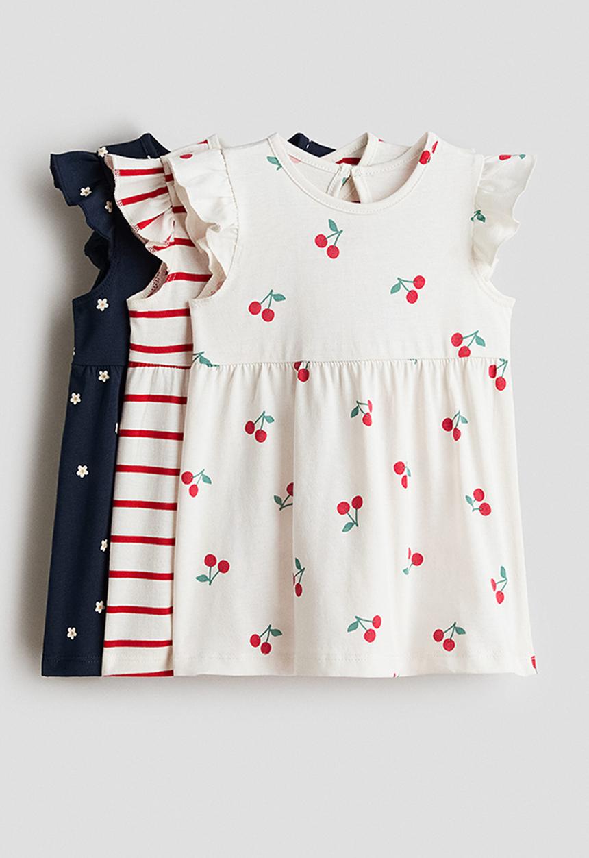 H&M - 3-pack printed cotton dresses - navy blue/cherries