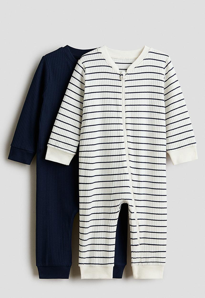 H&M - 2-pack cotton sleepsuits - white/navy blue striped