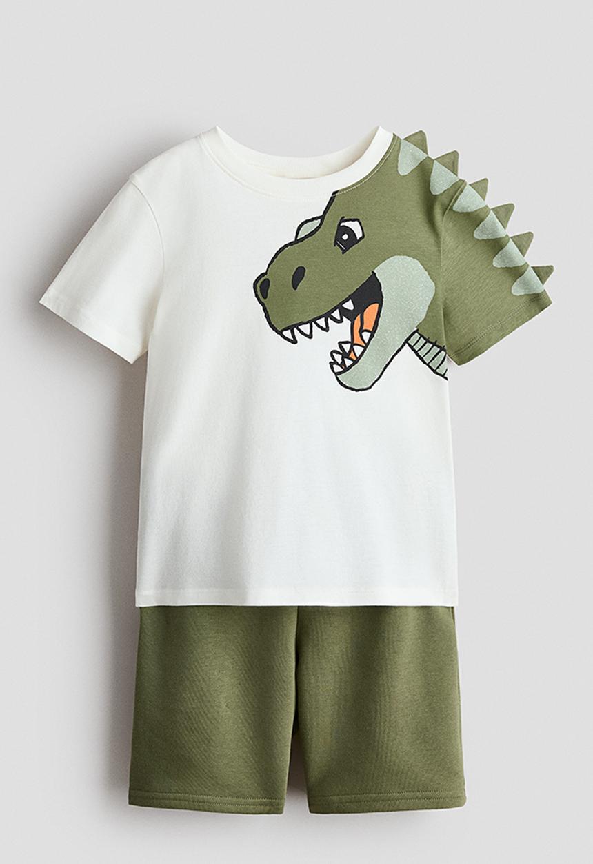 H&M - 2-piece t-shirt and sweatshorts set - khaki green/dinosaur