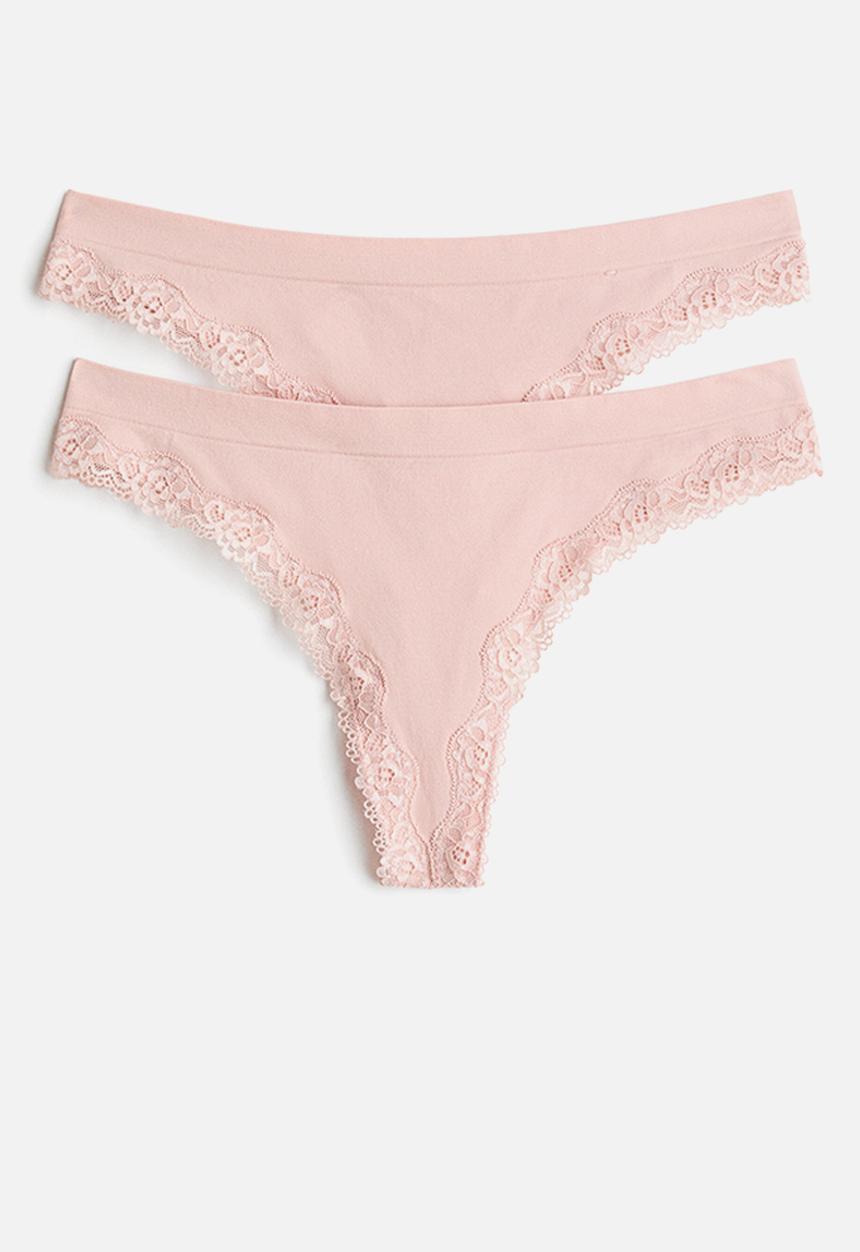 H&M - 2-Pack seamless lace-trimmed thong briefs - light pink