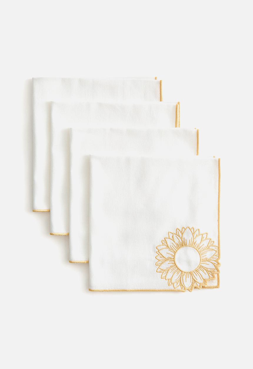 H&M - 4-pack embroidery-detail linen-blend napkins - white/yellow